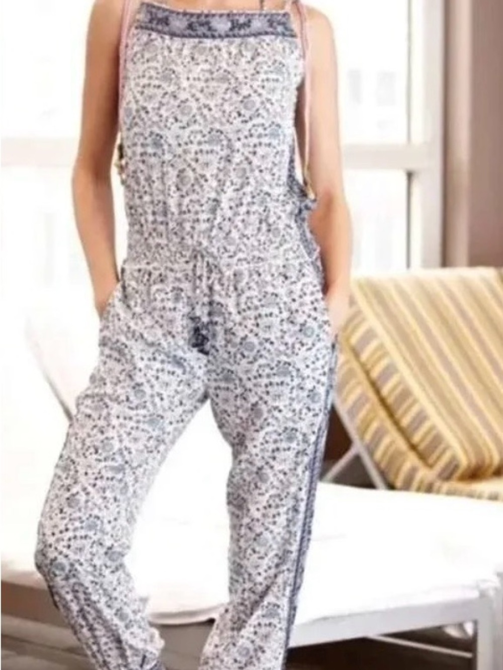 Calypso St. Barth White and Blue Printed Drawstring Jumpsuit
